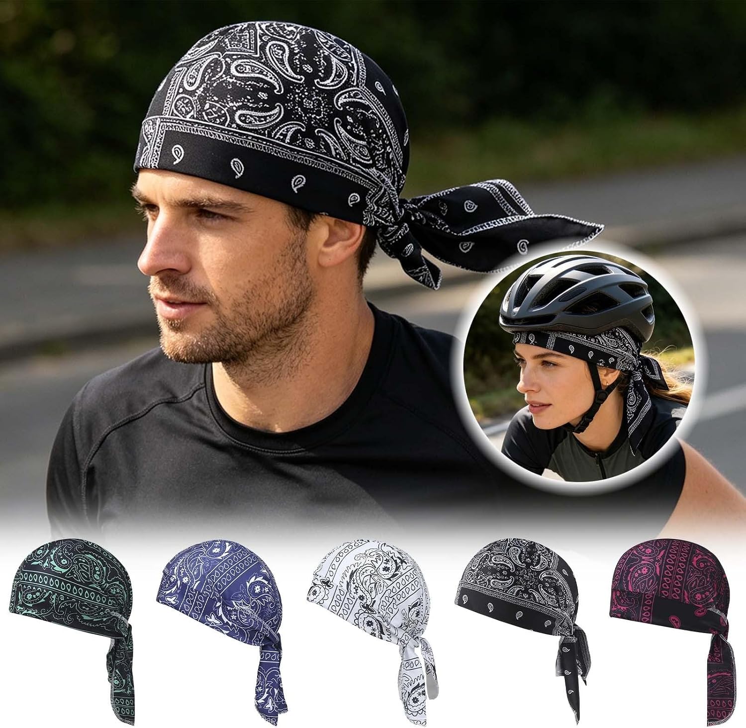3 Pcs Paisley Cooling Headscarf Cap Set, Motorcycle Bandanas for Men,Set Bandana Beanie, Adjustable Straps Cooling Head Scarf