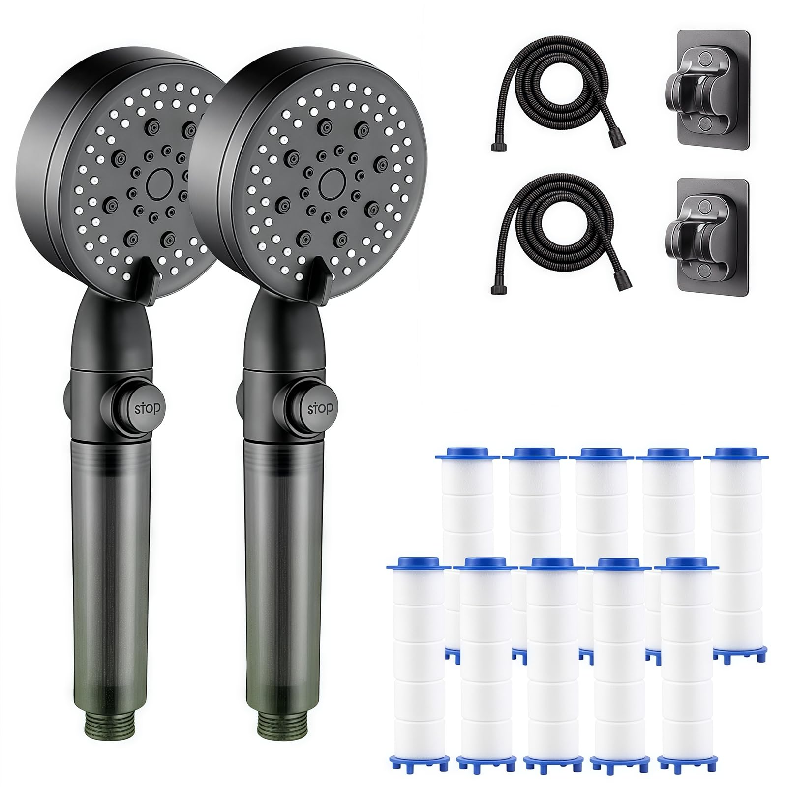 Alcachofa de ducha de alta presión con lavado a presión manual, 5 modos de pulverización ajustables, filtrado para agua dura, parada con un solo clic, paquete de 2 unidades, color negro, la mejor