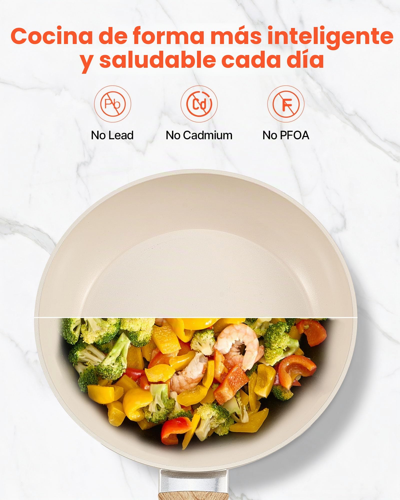 VEVOR Sartén de Aluminio para Huevos, 3 uds 200, 240 y 280 mm, Antiadherente, de Cerámica Resistente con Mango Resistente al Calor, Ideal para Cocina de Chef, Gas, Eléctrica e Inducción, Beige