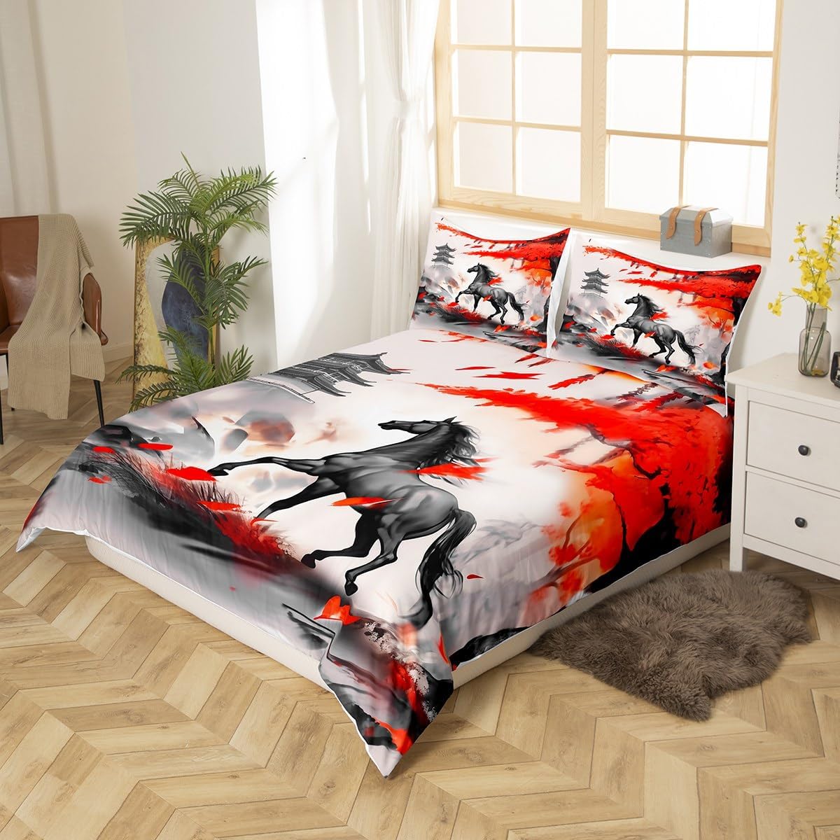 Red Flower Maple Leaves Duvet Cover Queen for Kids Boys,Lake Scenery Building Bedding Set with Zipper Closure Quilt Cover,Chinese Style Tower Comforter Cover 3 Pcs,Ultra Soft(No Filler)