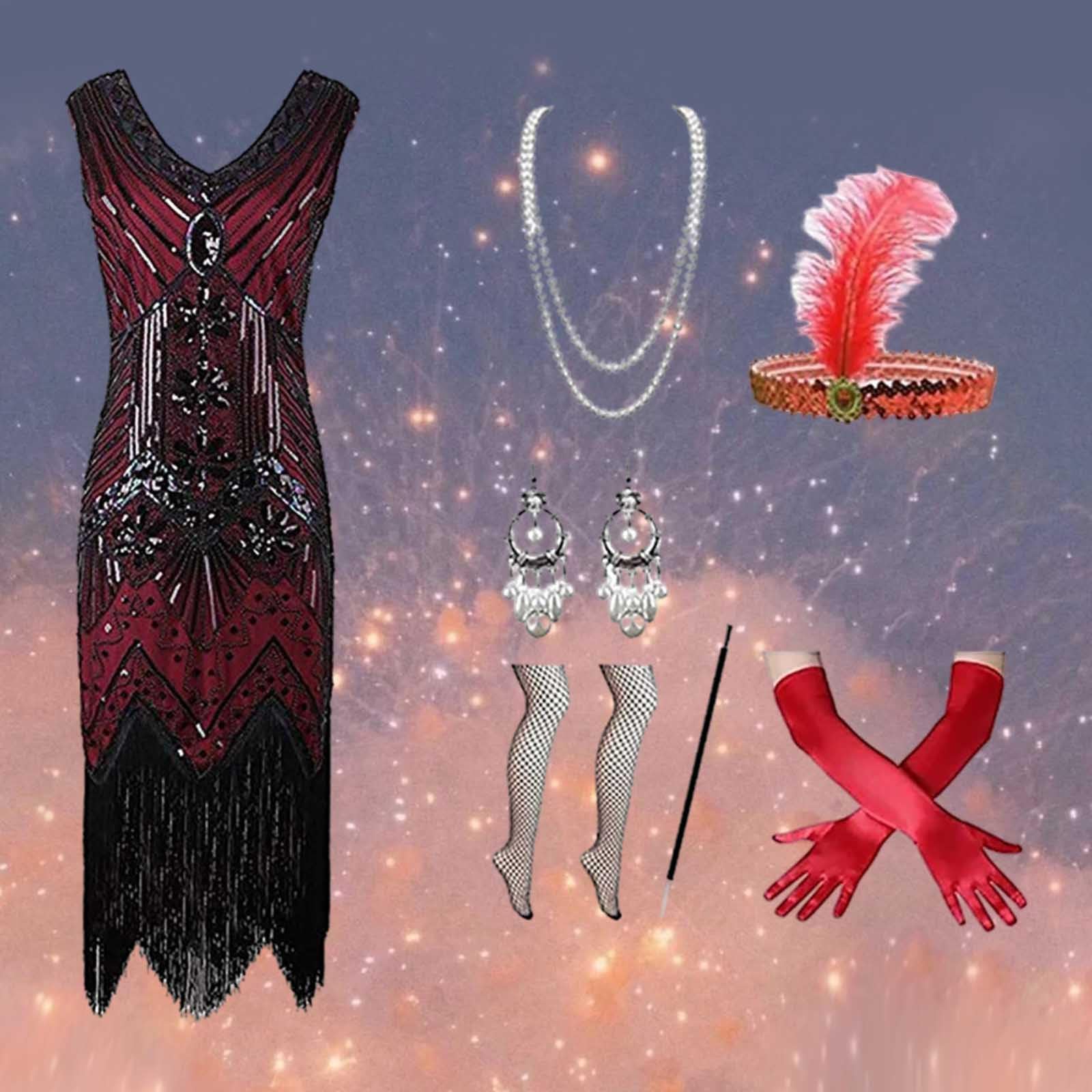 Genérico Vestidos de mujer de la década de 1920, vestidos con flecos de lentejuelas con cuentas pesadas, trajes de disfraz para mujer con accesorios de vestido de los años 20, disfraz de carnaval para