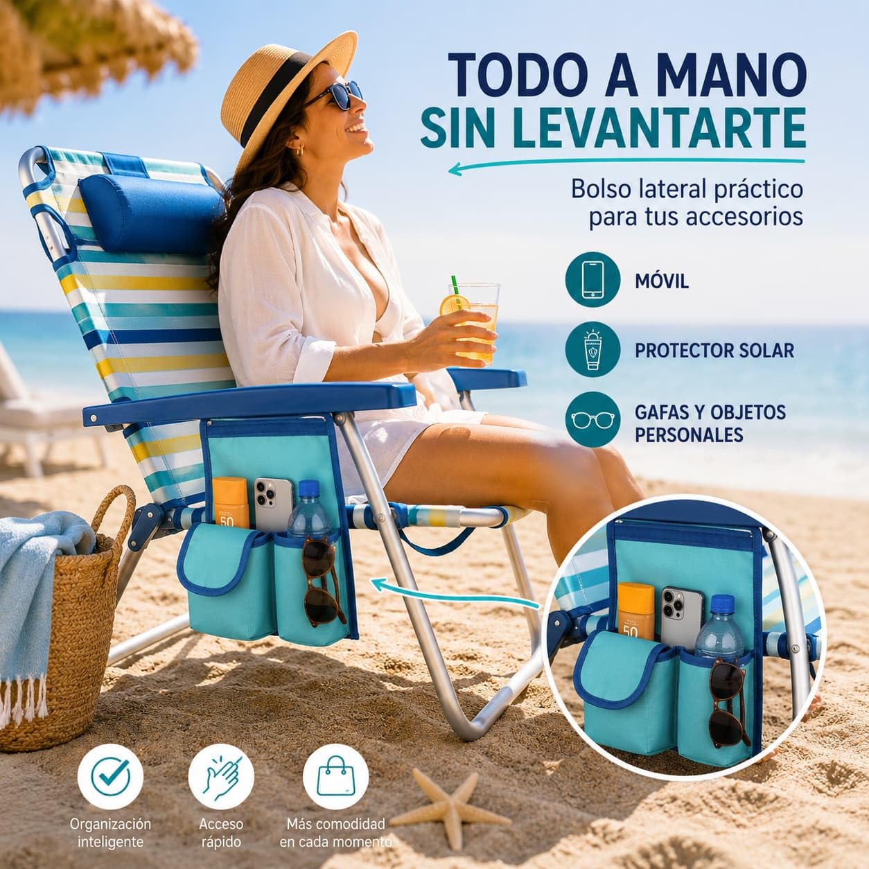 Silla Playa Plegable multiposición - con reposacabezas, Almohadilla y Bolso Lateral - Estructura de Aluminio Ligera y Tela Transpirable - Asas de Mano integradas