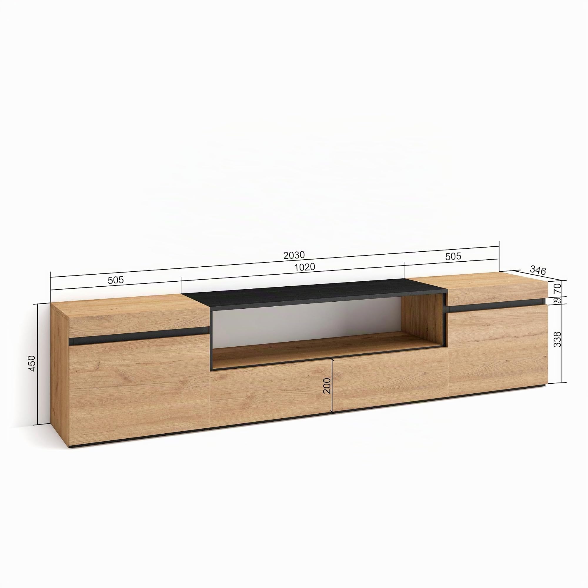 Skraut Home | Mueble TV | Televisión | Muebles de salón, almacenaje | 200x45x35cm | para TV hasta 80" | con Almacenamiento | Estilo Moderno | Roble y Negro