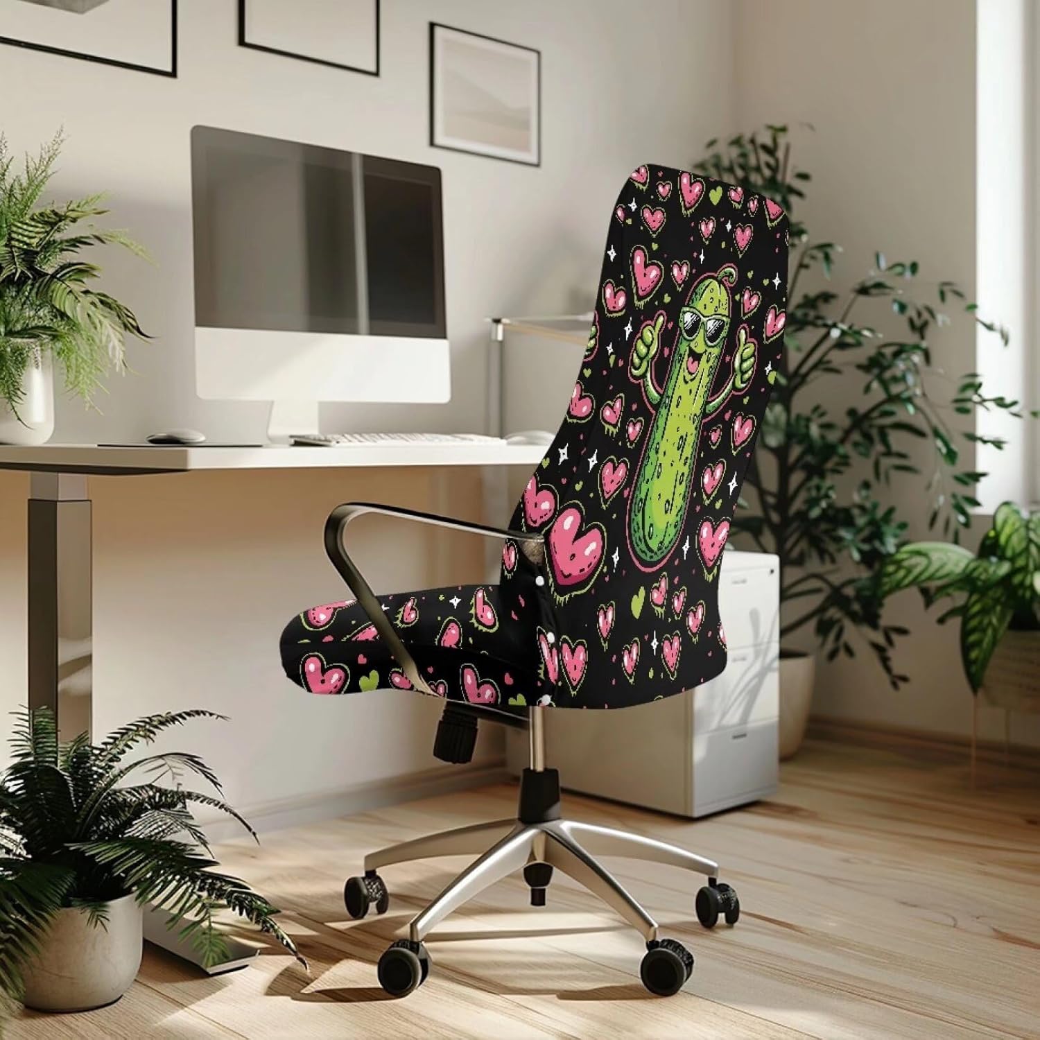 Xoenoiee Cute Pickle Hearts Pattern Office Chair Covers Stretchable Computer Gaming Chair Cover, Universal Desk Chair Covers Removable Rotating Chair Slipcover with Button, Small