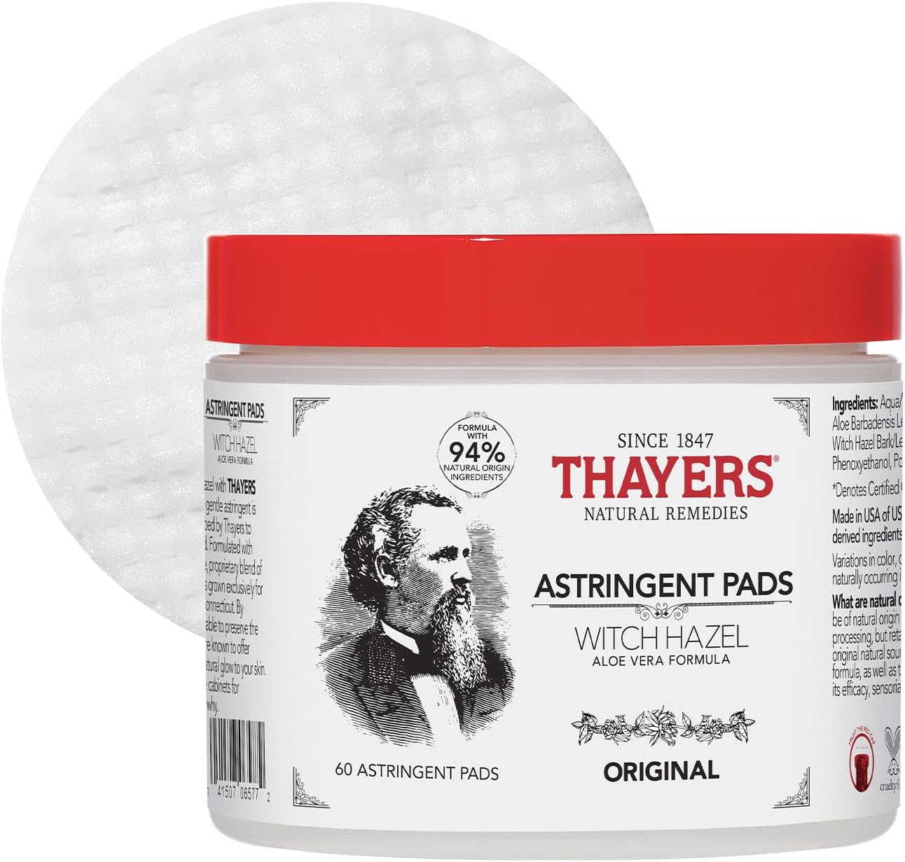 THAYERS Original Witch Hazel Astringent Pads with Aloe Vera Formula, 60 Count