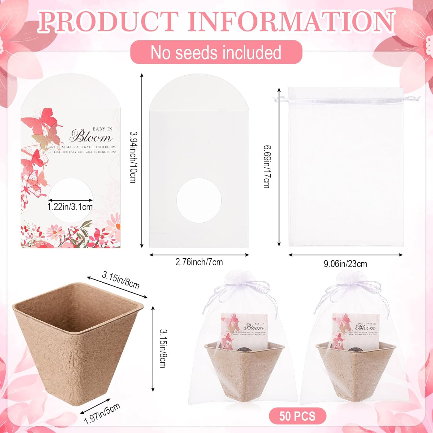 AceOrbit 50 Sets Baby in Bloom Seed Packet Favors(No Seed) Include Butterfly Kraft Envelopes with Clear Window Square Peat Pots and Organza Bags for Baby Shower Guests