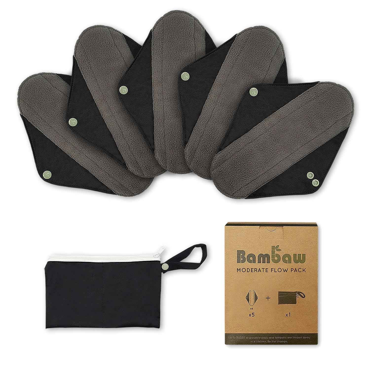 Bambaw Serviette Hygiénique Lavable – 5pcs Avec 1 Pochette Noire, Serviette Hygiénique Lavable Réutilisable, Protection Hygienique Lavable, Serviette Bambou – Pour Moyens Flux