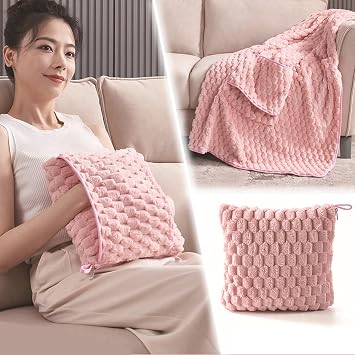 Travel Blanket 2 in 1, Soft Flannel Airplane Throw Blankets with Side Straps for Carrying in Luggage, Convenient Pillow Blanket/Nap Blanket/Air Conditioning BlanketsPink,90 * 140cm/35 * 55"