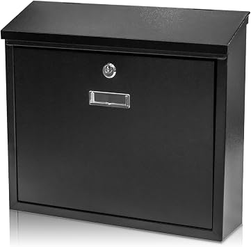 Wall Mount Locking Mailbox, Black Modern Mail Box for Outside, Galvanized Steel Large Capacity 14" Mailbox for House, Apartment, Porch, Fence