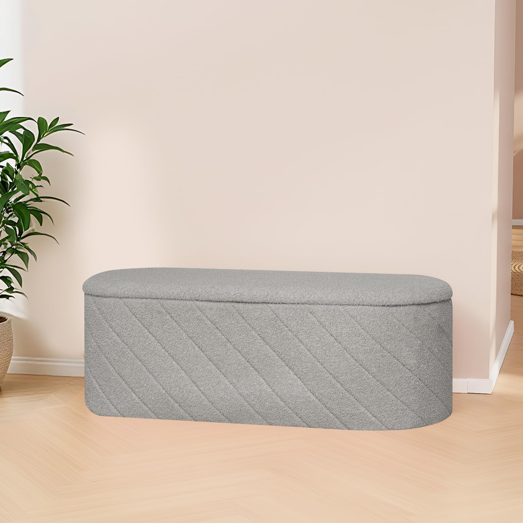 Bonlife Ovale Ottomanbank mit Stauraum, Klappbare Fußbank mit Deckel, Boucle Bank für Fußende des Bettes, Hocker für Wohnzimmer, Schlafzimmer, Eingangsbereich, Grau, 110x38x38cm