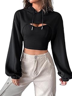 SHEIN Drop Shoulder Super Crop Drawstring Hoodie Without Camisole