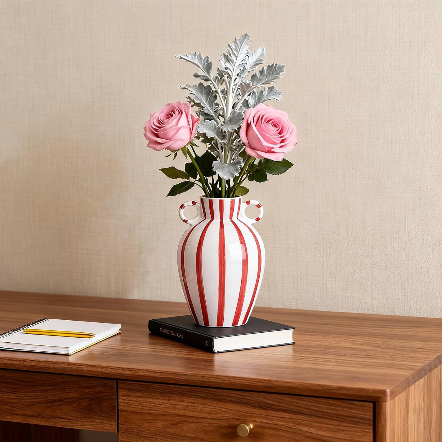 Red and White Elliptical Vase, Modern Checkered Vase with Handles, Ceramic Flower Vases Wide Mouth for Checkered Kitchen Decor and Dining Table, Shelves, Fireplace Centerpieces