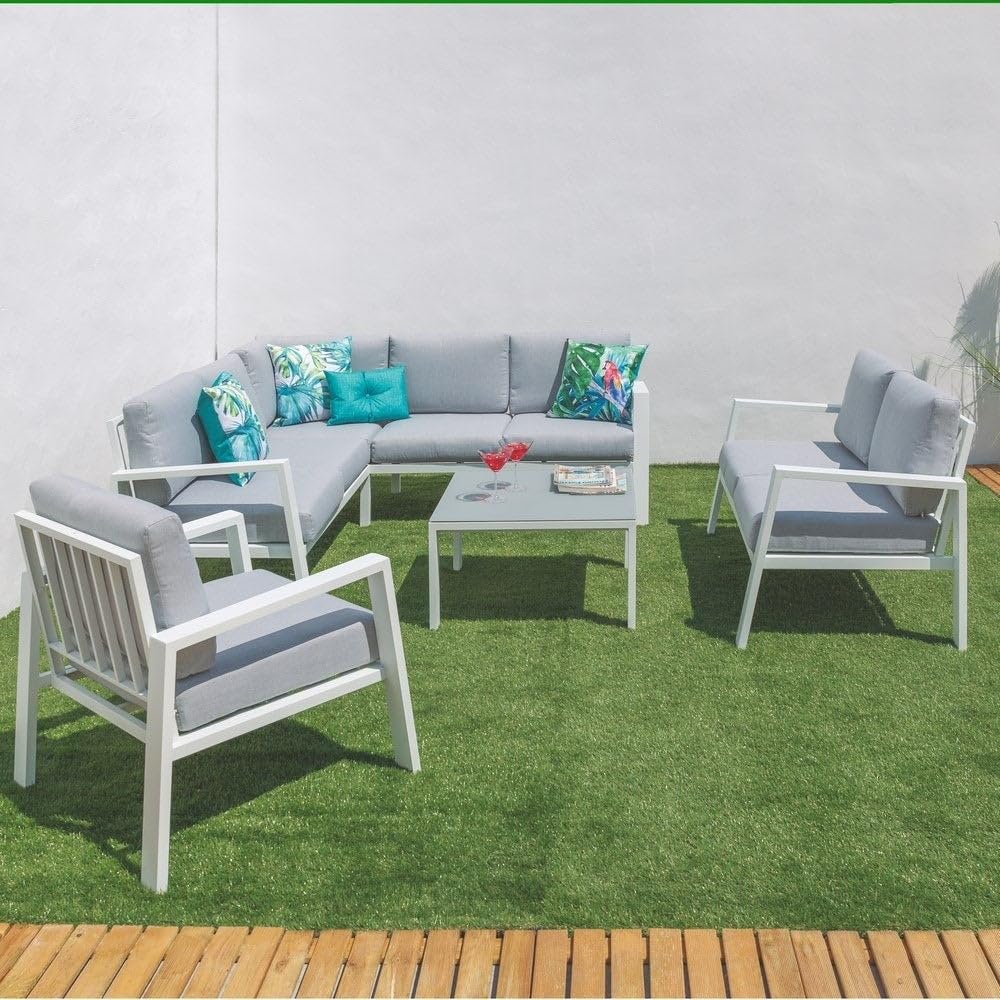 LOLAhome Sofá de Jardín Thais de Aluminio Blanco Tapizado en Tela Hidrófuga Gris de 2 plazas y 132 cm para Exterior, Terraza y Patio