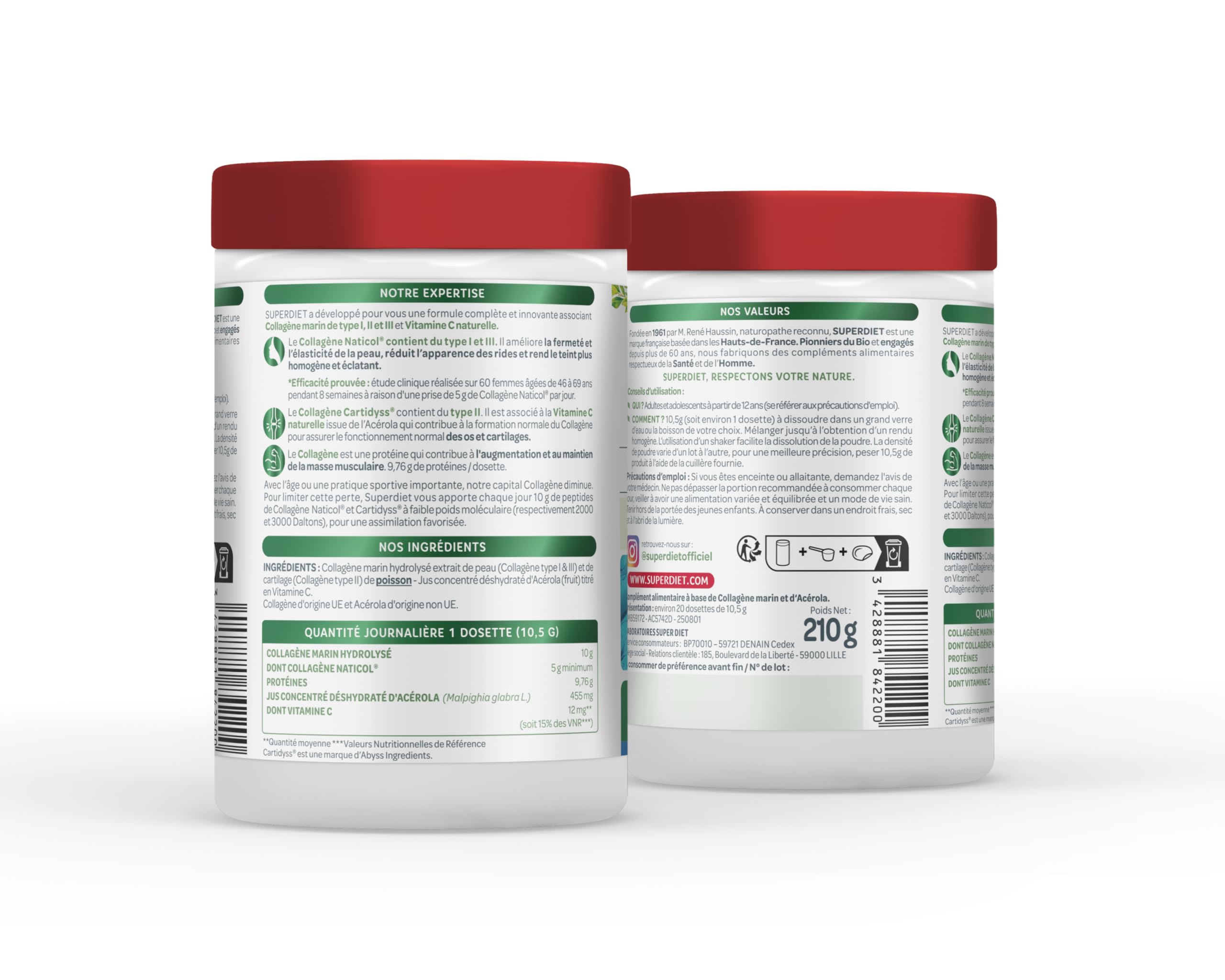 Collagène marin, Vitamine C - Peptides hydrolysés 2000-3000 Da-Poudre | Cure 20 jours - 210g - Association Type 1, 2, 3 - Peau, articulations - Naticol®, Cartidyss®- Fabrication française-Superdiet