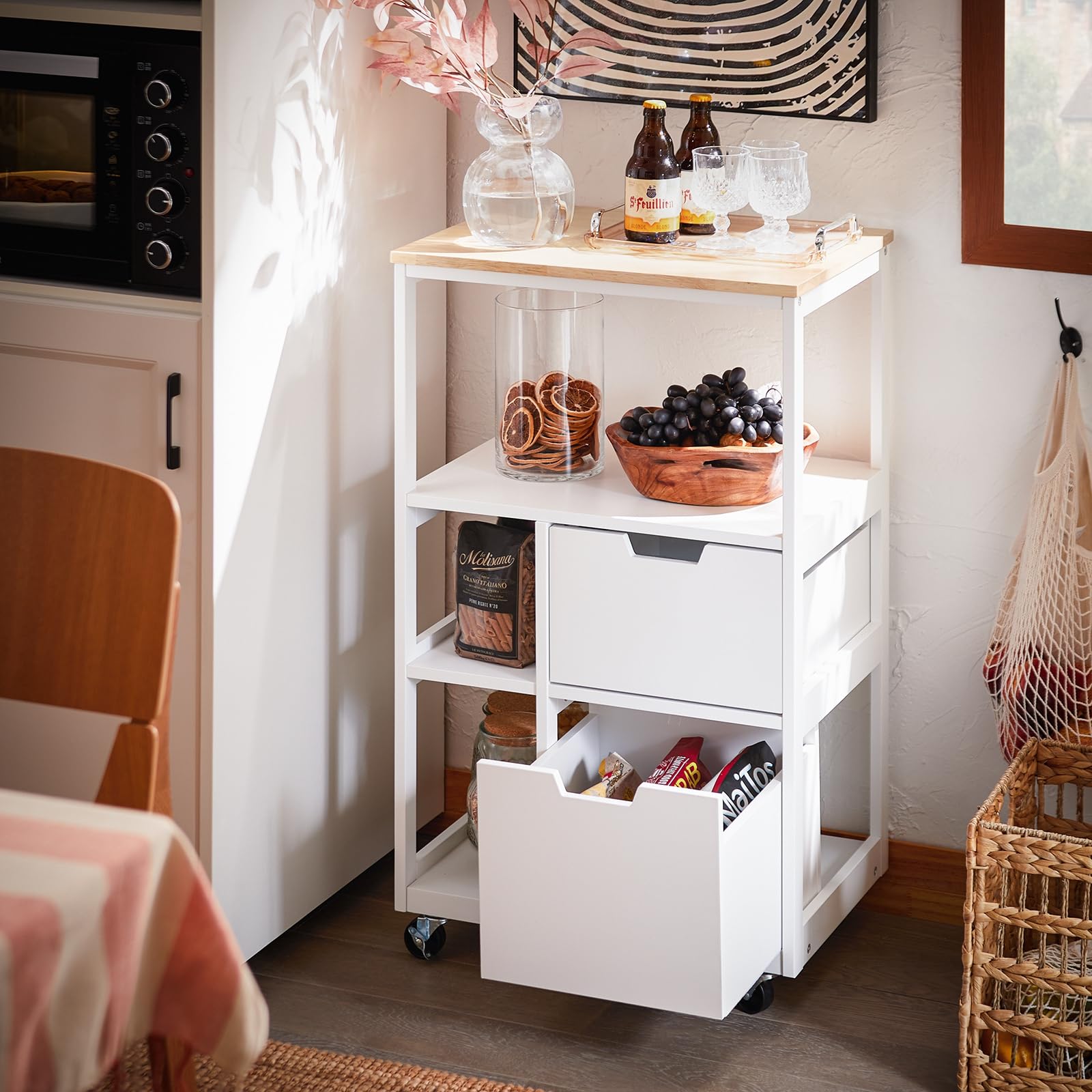 SoBuy Carrito Auxiliar con Ruedas para Espacios Pequeños, Mueble Auxiliar de Cocina con Cajones, Isla de Cocina con Ruedas, Carrito de Cocina con 3 Estantes Estilo Moderno Blanco 53x37x89 cm FKW111-WN