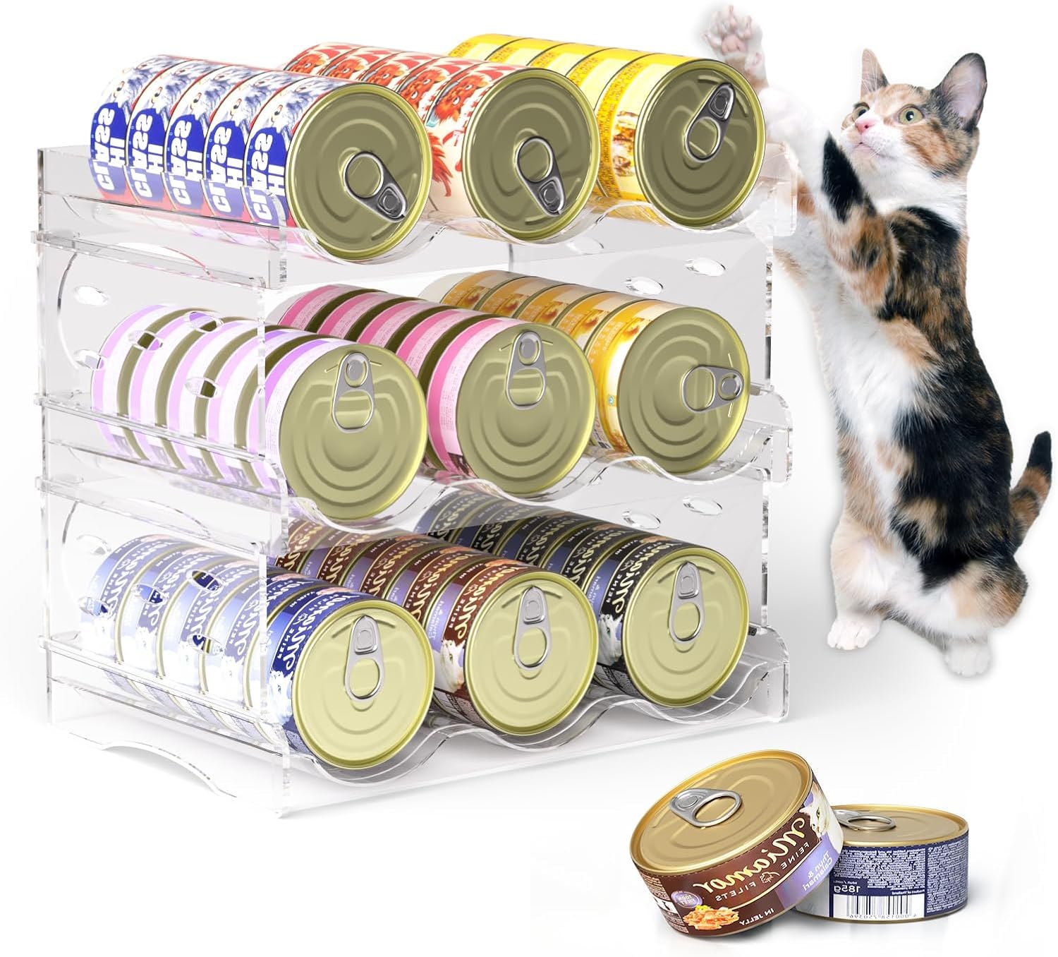 Organizzatore per cibo per gatti, organizzatore per lattine da 30 o 45 lattine, organizzatore trasparente e contenitore per il piano di lavoro (L)