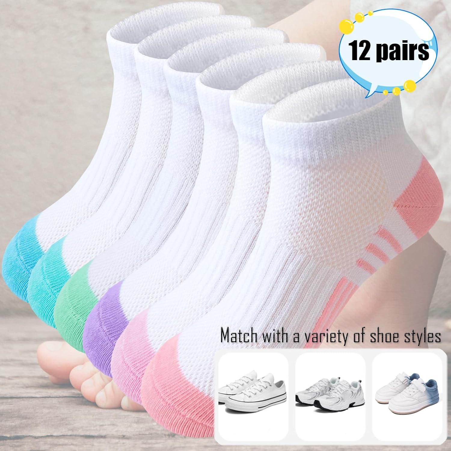 Bemeol Girls Socks 12 Pairs Ankle Socks Girls Athletic Cotton Sports Low Cut Sock for Little Big Kids - Image 6