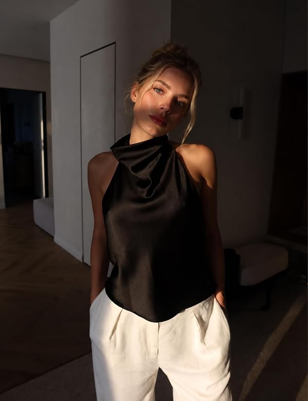 Yegthou Women's Satin Tank Top Backless Halter Neck Camisole Elegant Draped Front Loose Fit Sexy Summer Tops(Black-L) by Yegthou - Used condition - Image 3