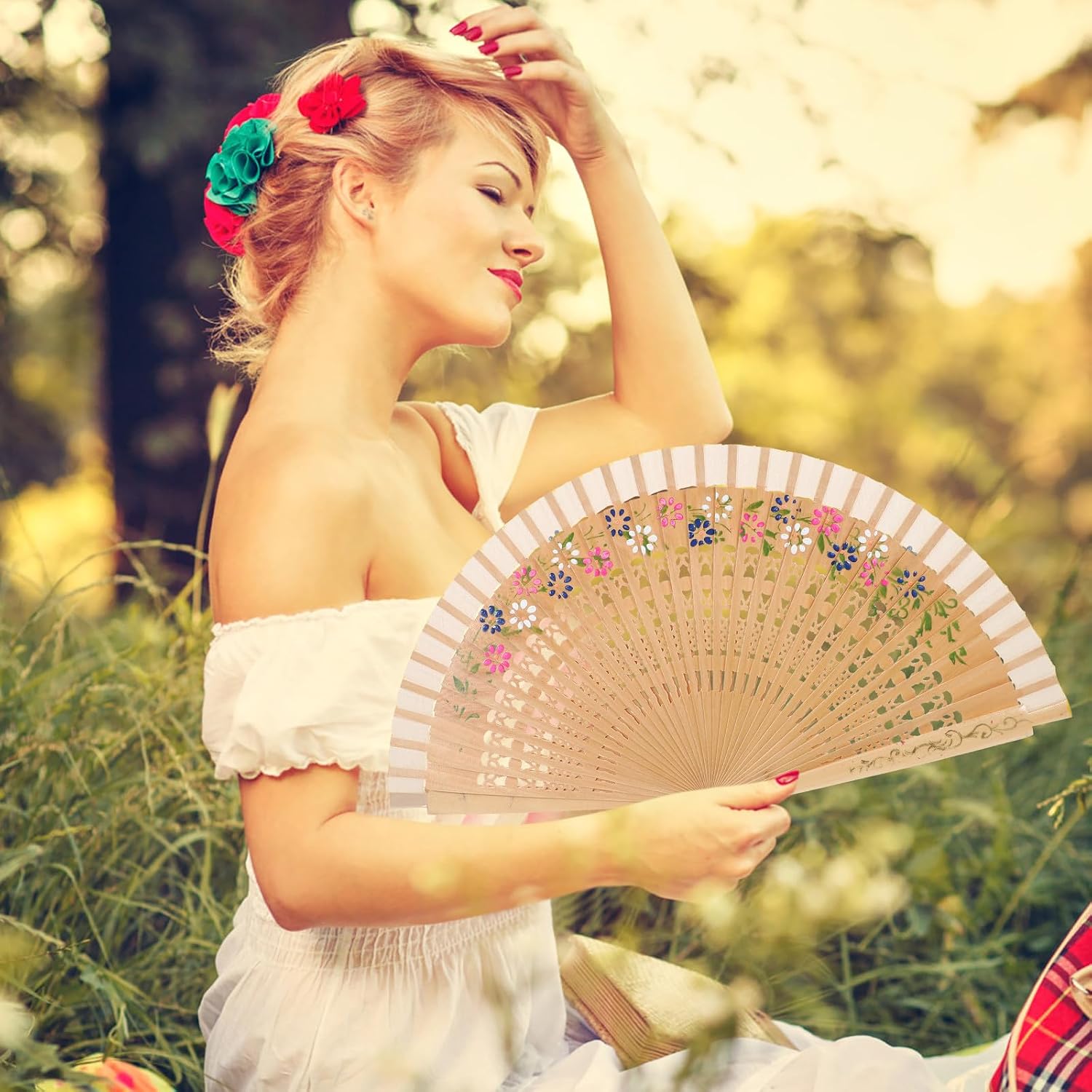 Spanish Folding Fan, 16.5 Inch Wooden Hand Fan, 1 Pc