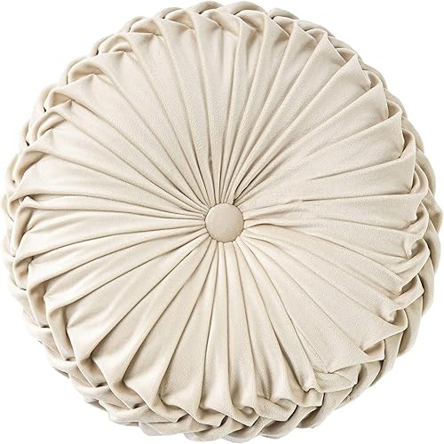 Cojín redondo beige de terciopelo decorativo para el hogar, plisado, redondo, relleno de calabaza, cojín para silla, cojín de suelo para sofá,