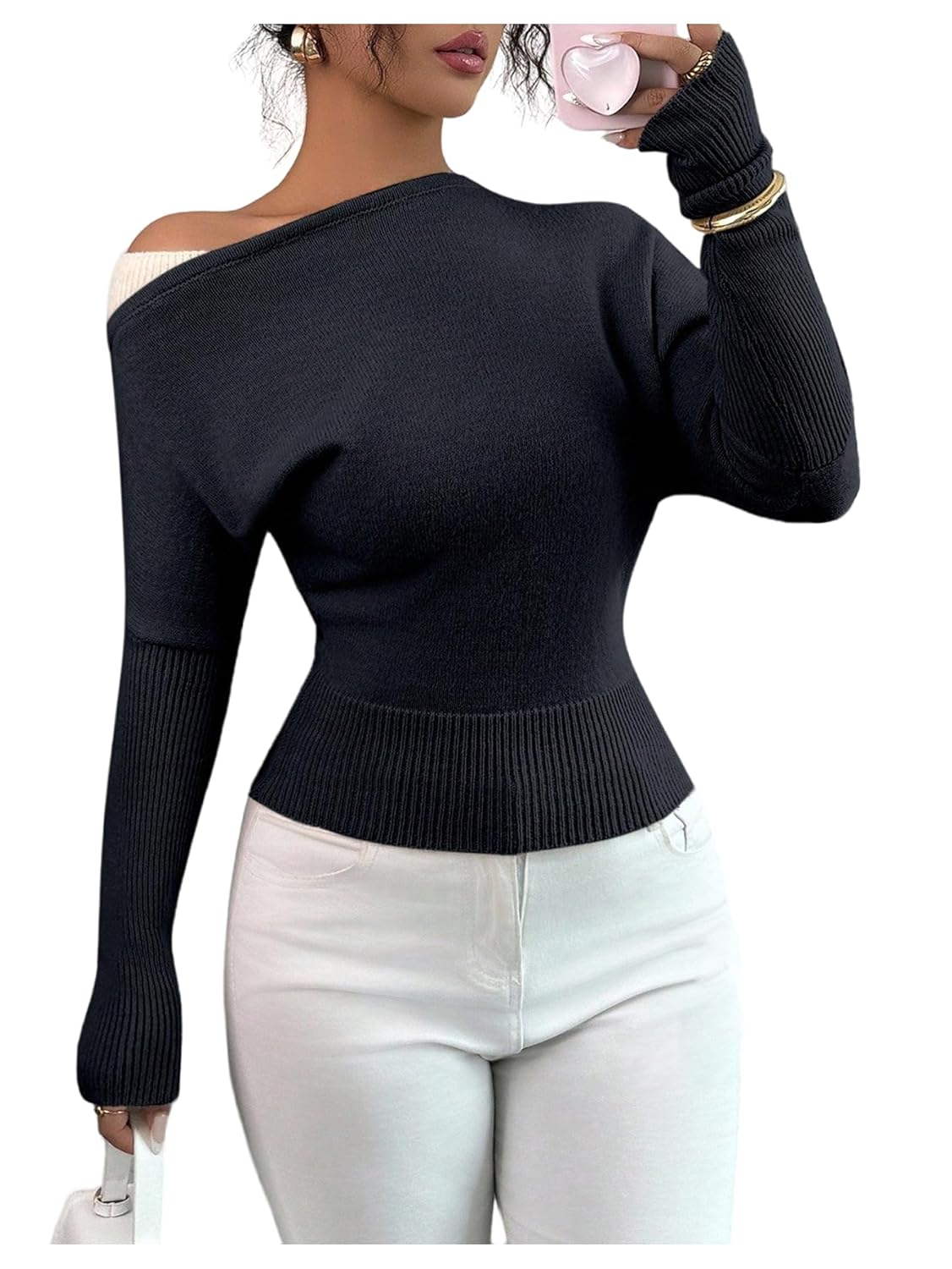 WDIRARA Womens Asymmetrical Neck Sweater Long Sleeve Pullover Knit Tops