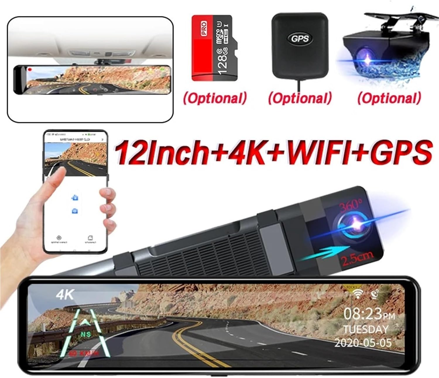 ドライブレコーダー ミラー型 4K 800万画素　前後カメラ　タッチ式 ドライブレコーダー 4K ダッシュカム 内蔵 Wi-Fi 車載レコーダー 12