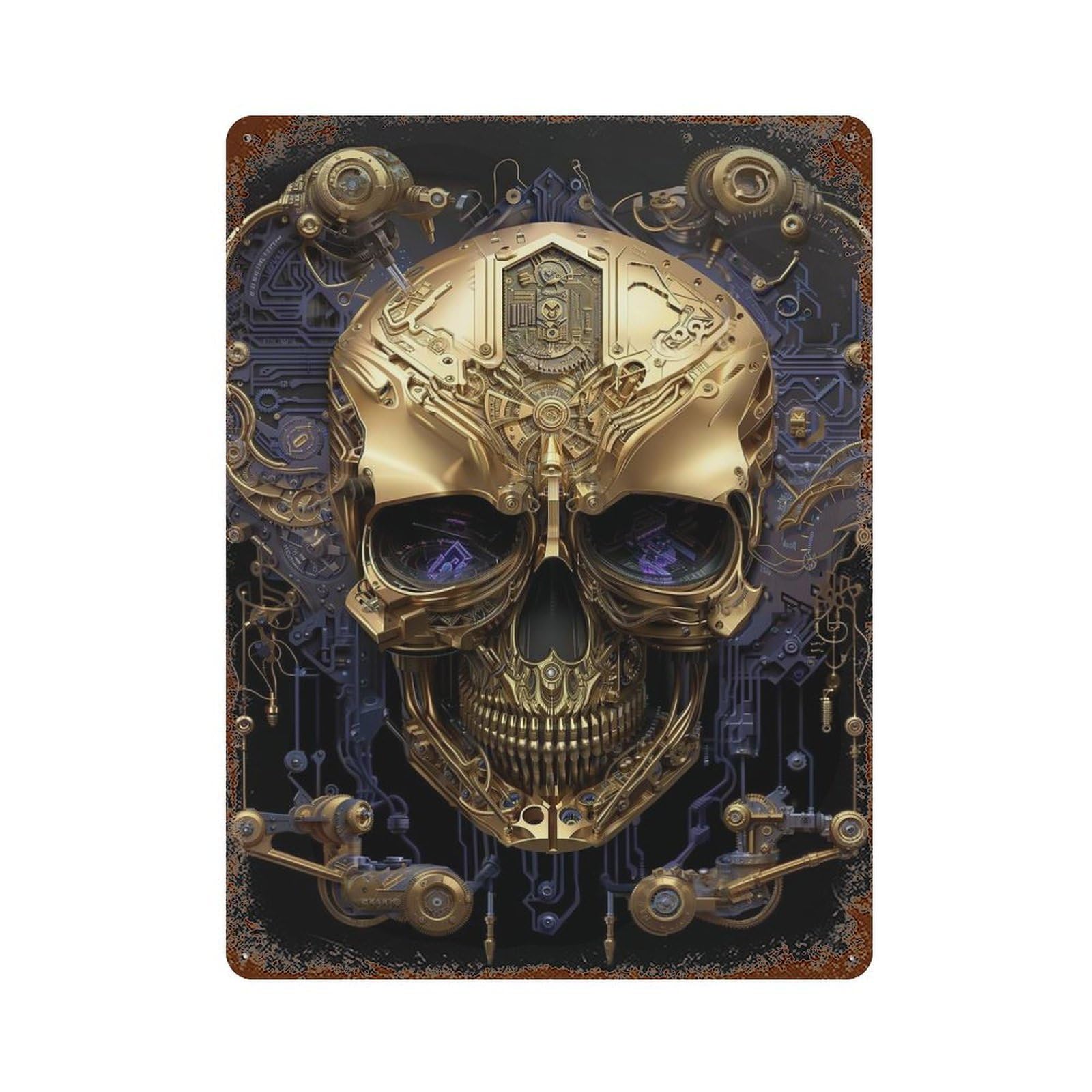 Skull Machine Gold II 15.7"x11.8" Rusty Metal Tin Sign, Shabby Chic Decor for Bistro, Counter And Cafe Decor