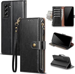 Compatible with Samsung Galaxy S22 Wallet Case with Card Holder RFID Blocking Zipper PU Leather Flip Protective Cover Wrist Strap Credit Card Slots Men Women,Phone Case for S22 6.1",Black