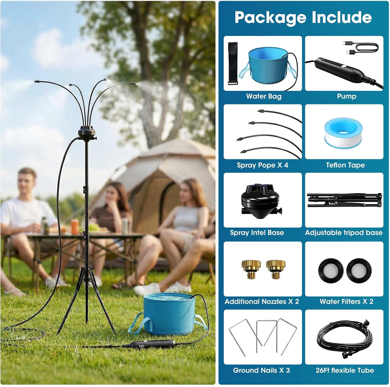 5.3FT Standing Misters for Outside Patio,Portable Misting Cooling System with 12L Bucket,Booster Pump,26.5FT Water Line & 6 Brass Nozzles,Adjustable Height Water Mister for Patio, BBQ, Pool