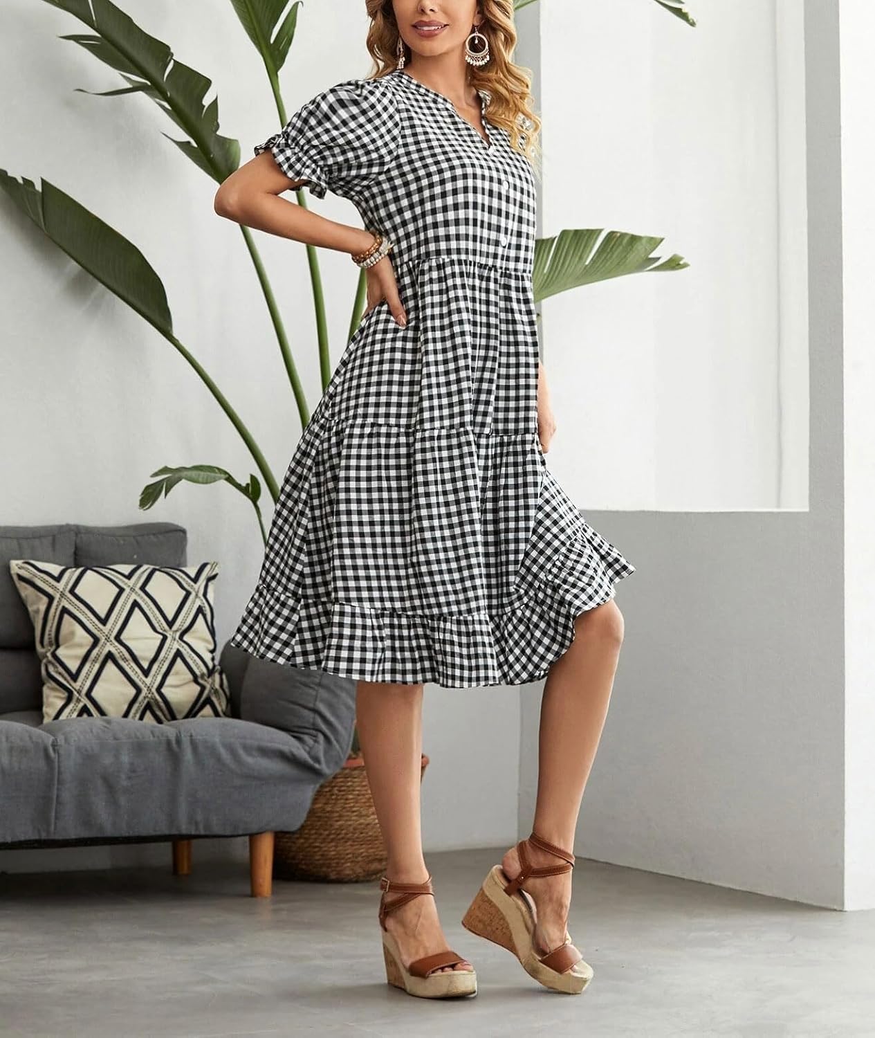 chouyatou Women's Y2k Plaid Babydoll Dress Puff Sleeve Ruffle Hem Short Dress Retro Gingham Swing Midi Dress - Image 4