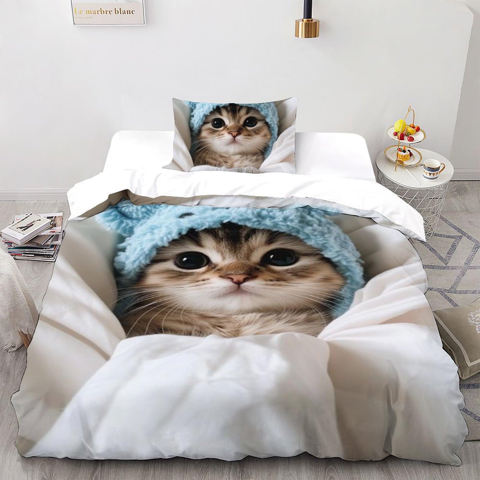Housse de couette enfants animaux imprimé 3D microfibre 135x200cm Le Chaton