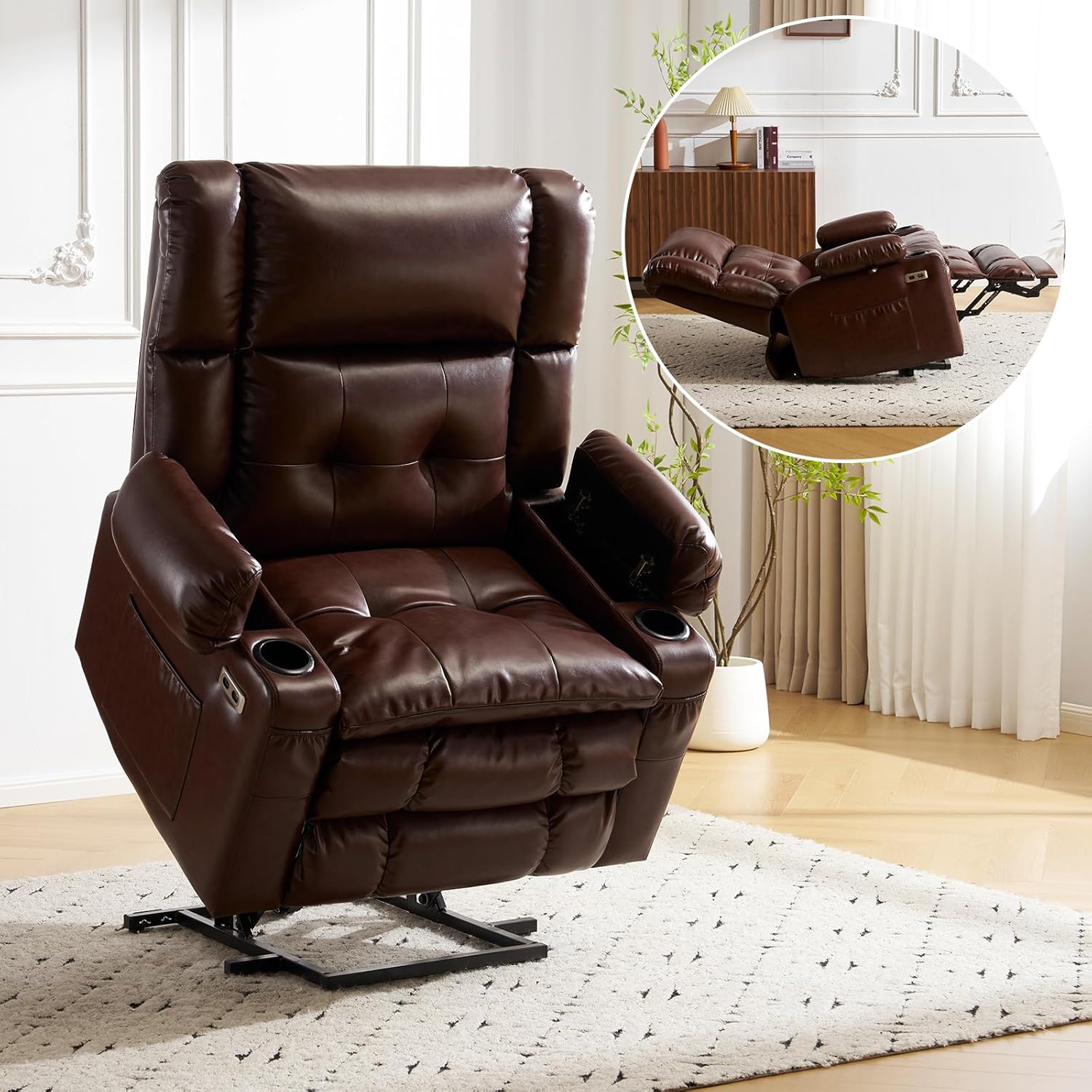 Dual Motor Power Lift Recliner Chair for Elderly with Massage and Heat, Oversized Lift Chair with Arm Storage, Lay Flat Lift Recliner for Adults, Big Tall, Infinite Position,Lving Room, Brown