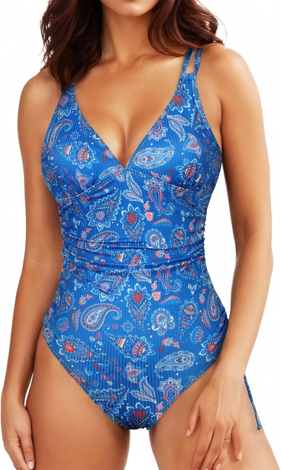 Aleumdr Sexy One Piece Swimsuit for Women Ruched Tummy Control Bathing Suit V Neck Tie Side Swimwear (Available in Plus) Large Printed Blue