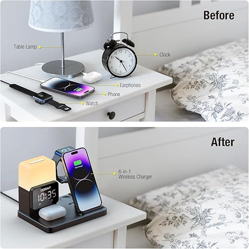 Miniatura 2 de C3 Pro - Estación de carga plegable 6 en 1 para múltiples dispositivos con luz de reloj despertador, cargador de 18 W para iPhone 1514131211 para