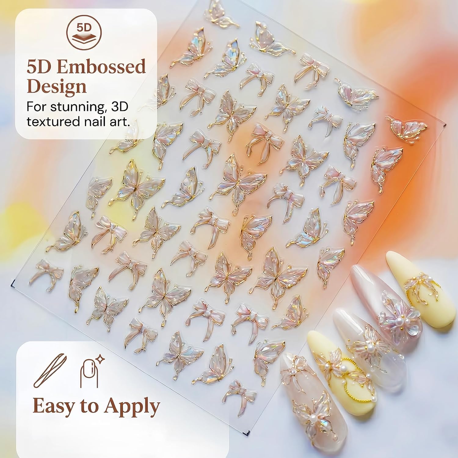 5D Butterfly Nail Stickers Single Sheet – Iridescent Gold Outline Butterfly & Bow Nail Art Decals, Luxury Embossed Self Adhesive Nail Stickers for Gel Acrylic Nails