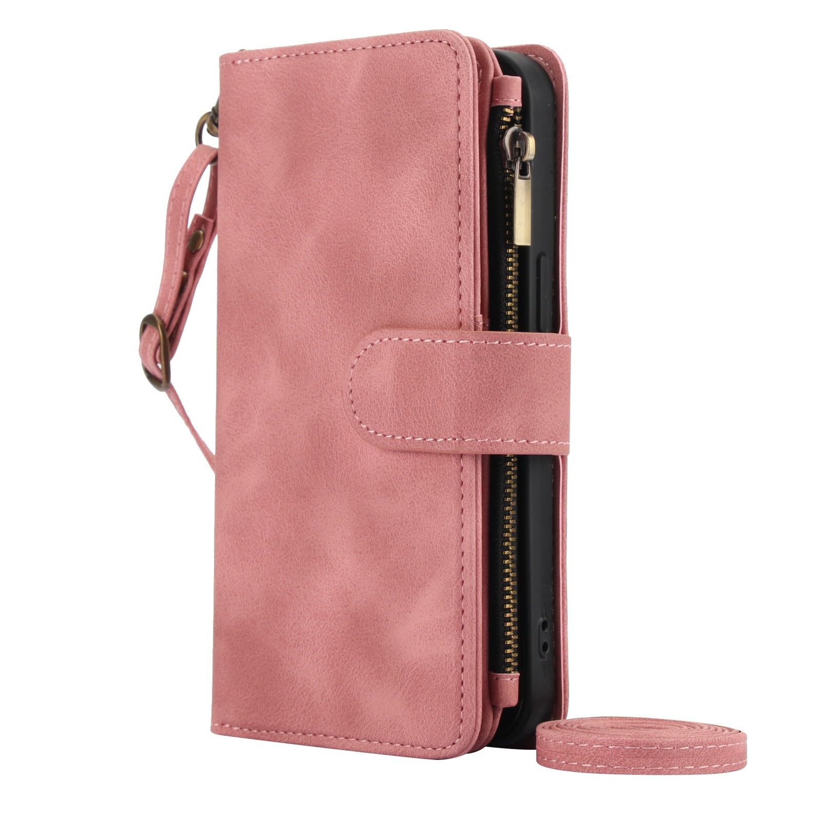 Coque portefeuille Google Pixel 9 Pro cuir rose avec fermeture éclair et cordon - 8