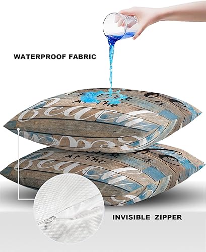 Miniatura 4 de Juego de 2 fundas de almohada de verano para exteriores, con texto de vida oceánica, diseño de estrellas de mar, impermeables, decorativas, fundas