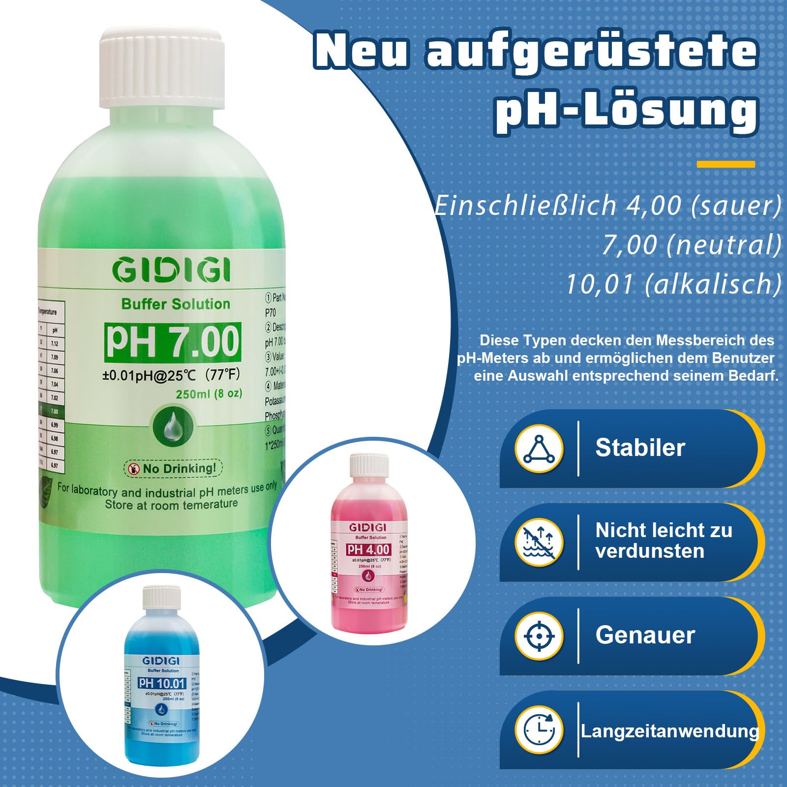 pH Messgerät Kalibrierungslösungs Kit, Enthält pH 4,00, 7,00 und pH 10,01 Lösung, pH Meter Sonden Kalibrierungslösungspuffer, pH Tester Zubehör 250 ml*3 (8,4 fl oz)