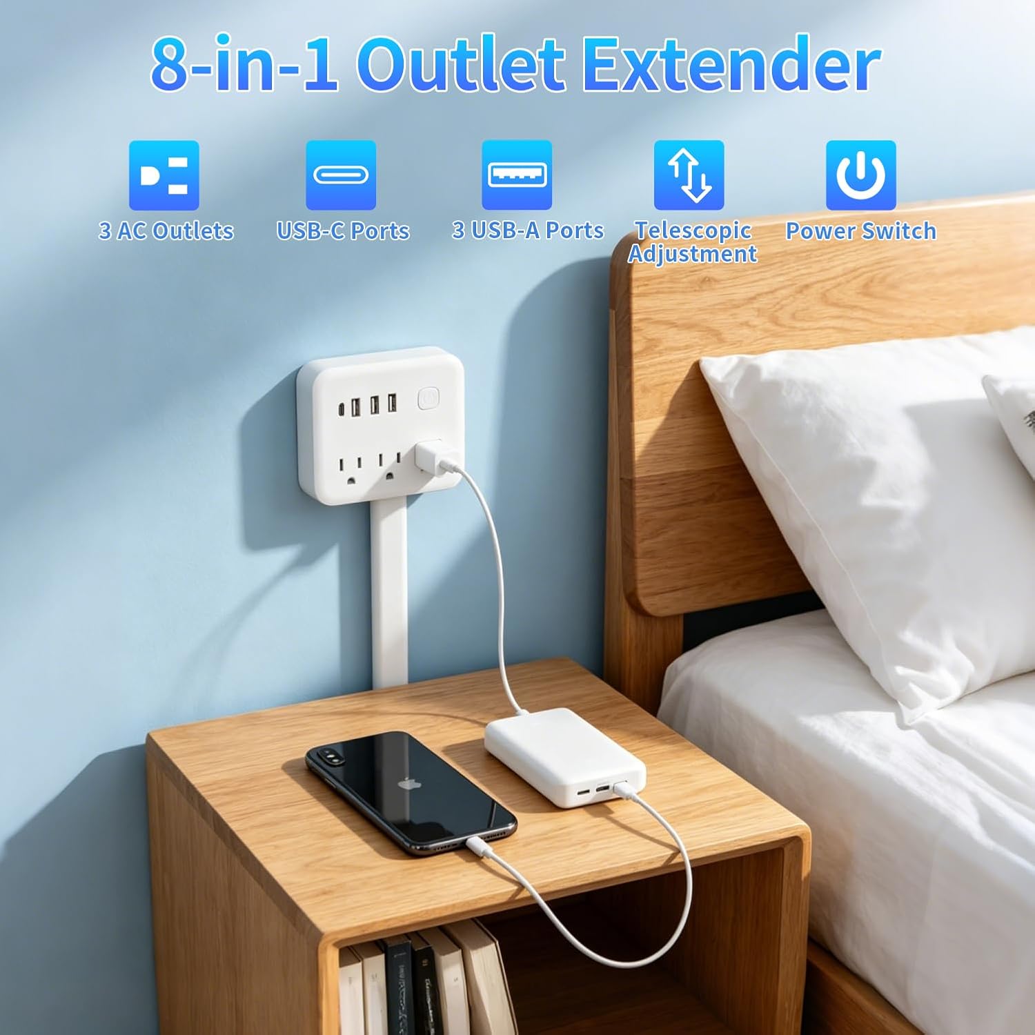 180° Rotating Outlet Extender Stick with 3 AC & 4 USB