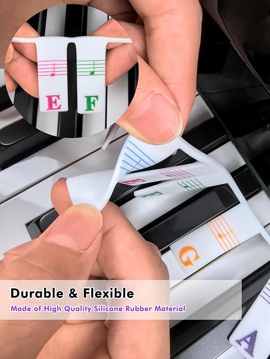 Piano Notes Guide for Beginner, Removable Piano Keyboard Note Labels for Learning, 61-Key Standard Full-Size, Made of Silicone Rubber, No Need Stickers, Reusable and  with Box(Colored)