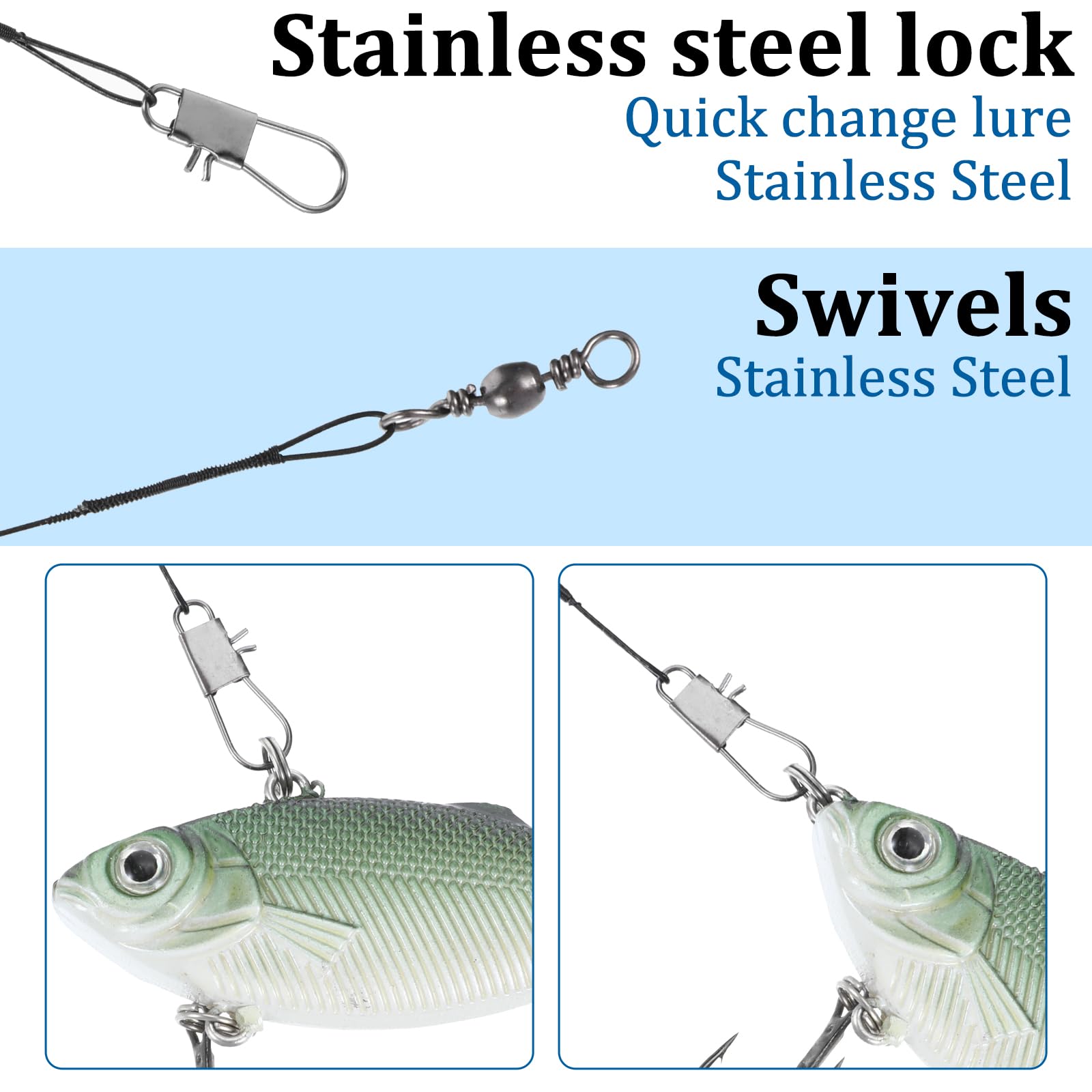 60 anzuelos de pesca con líder, 3 tamaños de acero inoxidable, anzuelos de acero inoxidable, lucio, negro, acero, accesorios de pesca para peces depredadores de agua dulce y salada, 18,5/23,5/28,5 cm
