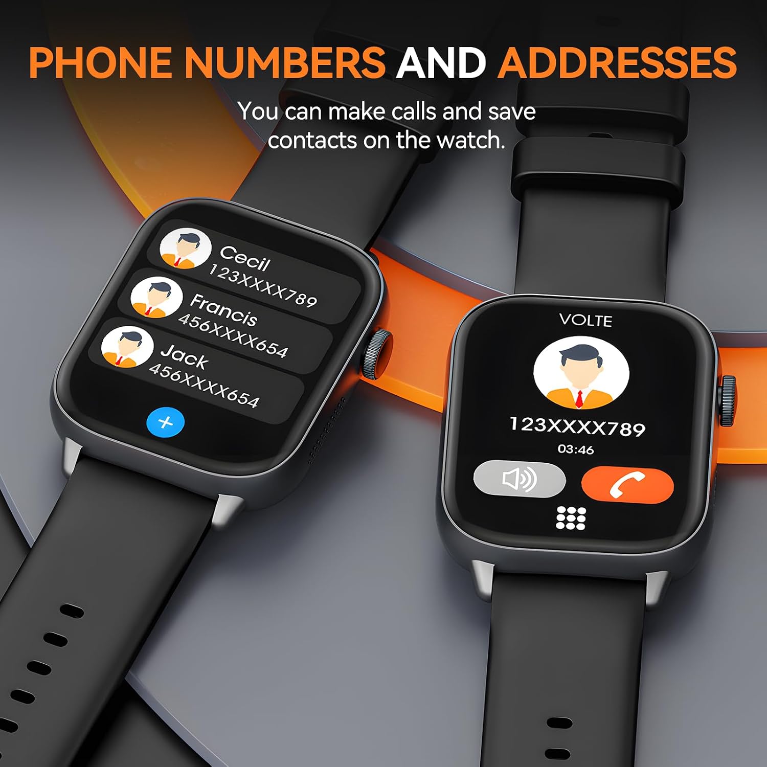 Smartwatch display showing an incoming call interface and a list of saved contacts.
