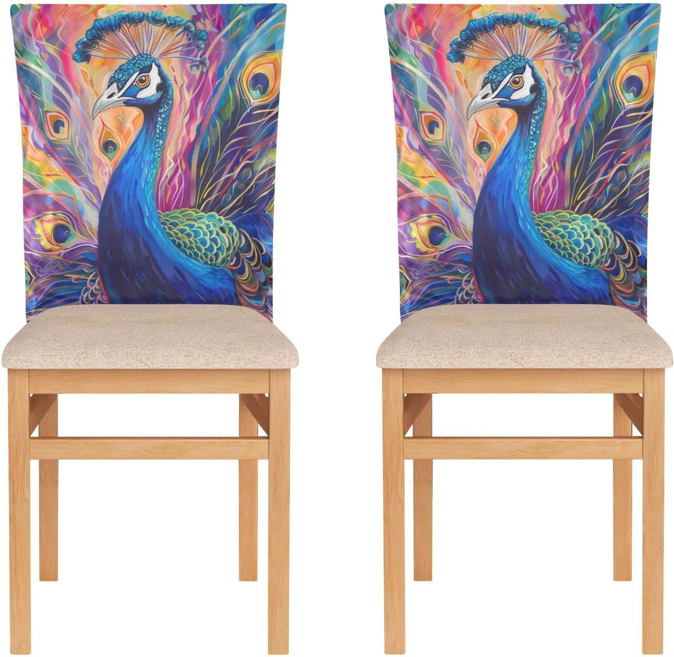 ALAZA Colorful Peacock Chair Back Cover Set of 6, Washable Reusable Removable Chair Slipcovers Decorative Chair Cover for Home Kitchen Wedding Party