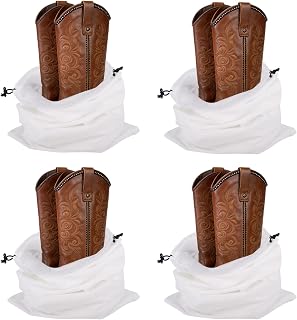 Klmnop 4 Pcs Cowboy Boot Bags for Travel and Storage, Washable Breathable Flannel Cotton Drawstring Pouches, Shoe Storage Bag for Cowboy Boot Protection, 12.6x21 Inch(White)