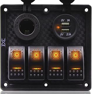 FXC Orange Waterproof Marine Boat Rocker Switch Panel 4 Gang with Dual USB Slot Socket + Cigarette Lighter LED Light for Car Rv Vehicles Truck