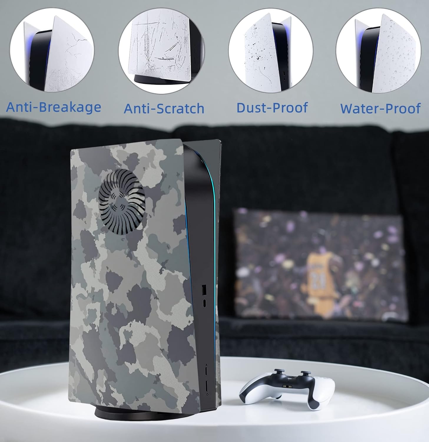 Cover Plates with Cooling Vent for PS5 Disc Edition Console, Accessories for PlayStation 5 Face Plates Side Panels Shell Replacement Protective Faceplates (Gray Camouflage)