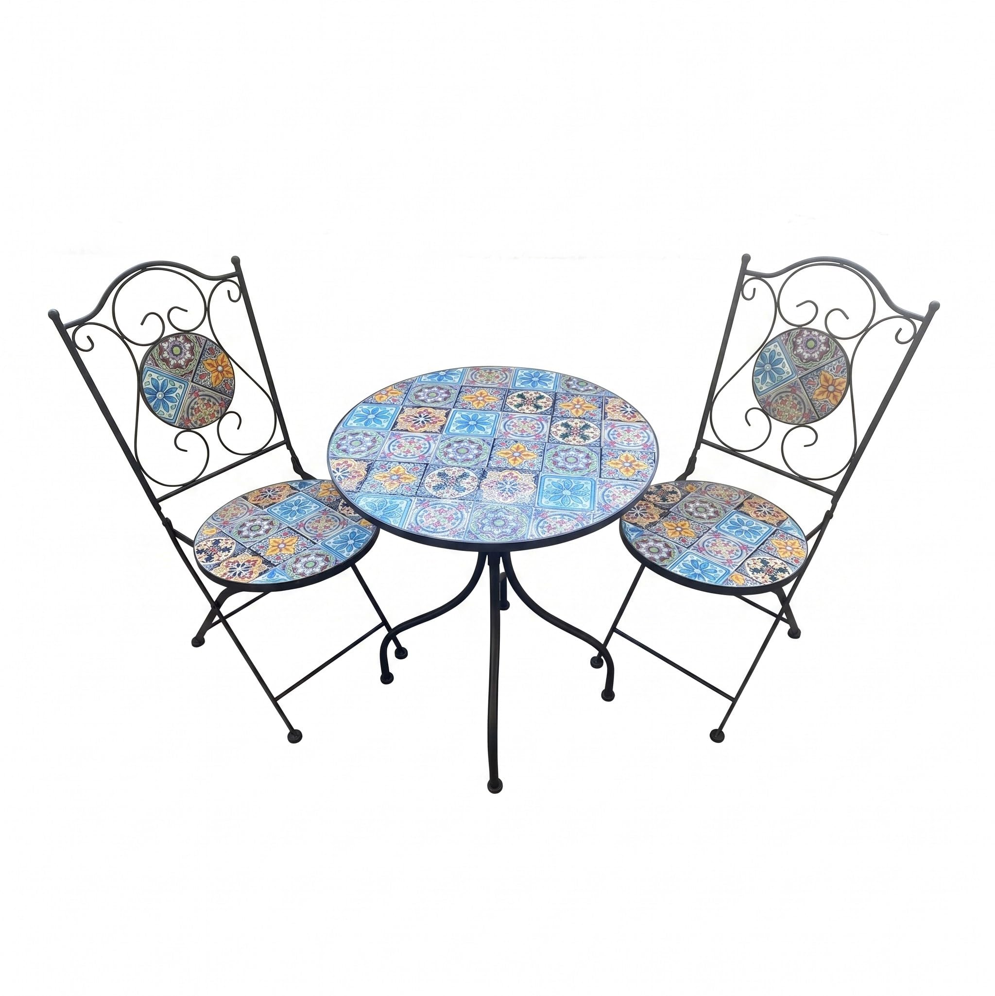 Set Bistro da Esterno Thalia, Tavolino Rotondo e 2 Sedie Pieghevoli, Ceramica e Acciaio Verniciato a Polvere, Stile Industriale Retrò, Tavolo Ø60 cm