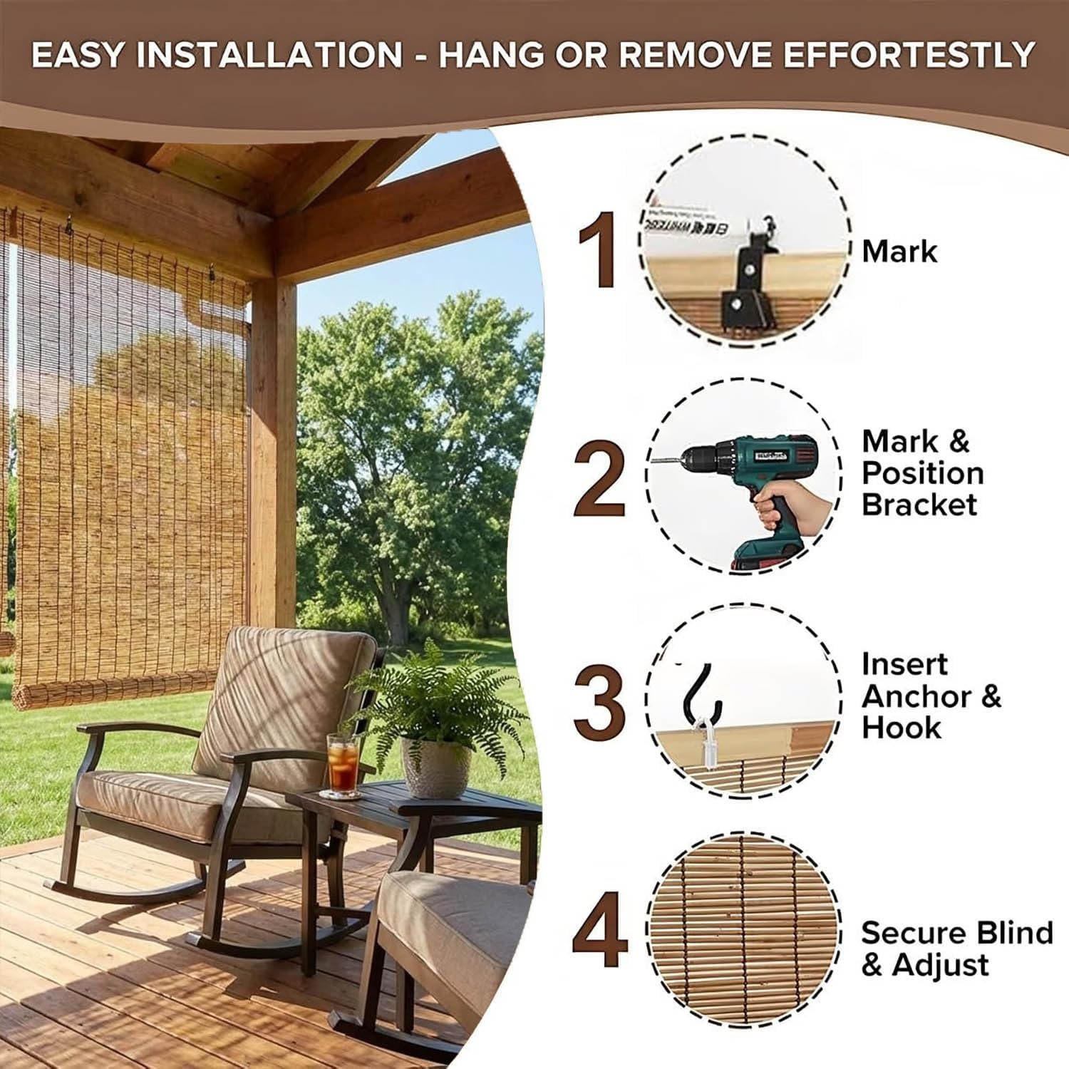 Bamboo Roller Shades for Outdoor Patio, Blackout Bamboo Roll up Blinds for Indoor Windows, 24" 36" 48" 60" 72" Cordless Privacy Blinds for Porch(W72 xH72)