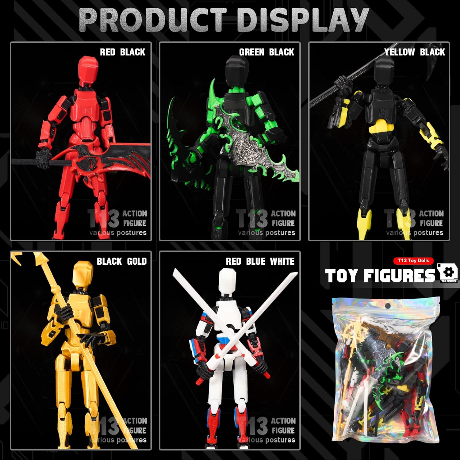 T 13 Action Figure Set: 5-Pack - A Collection of Pre-Assembled, Vibrantly Multi-Colored T 13 Figures, Complete with Laser Sabers & 3D-Printed T 13 Lucky Robo Dummy Action Figures