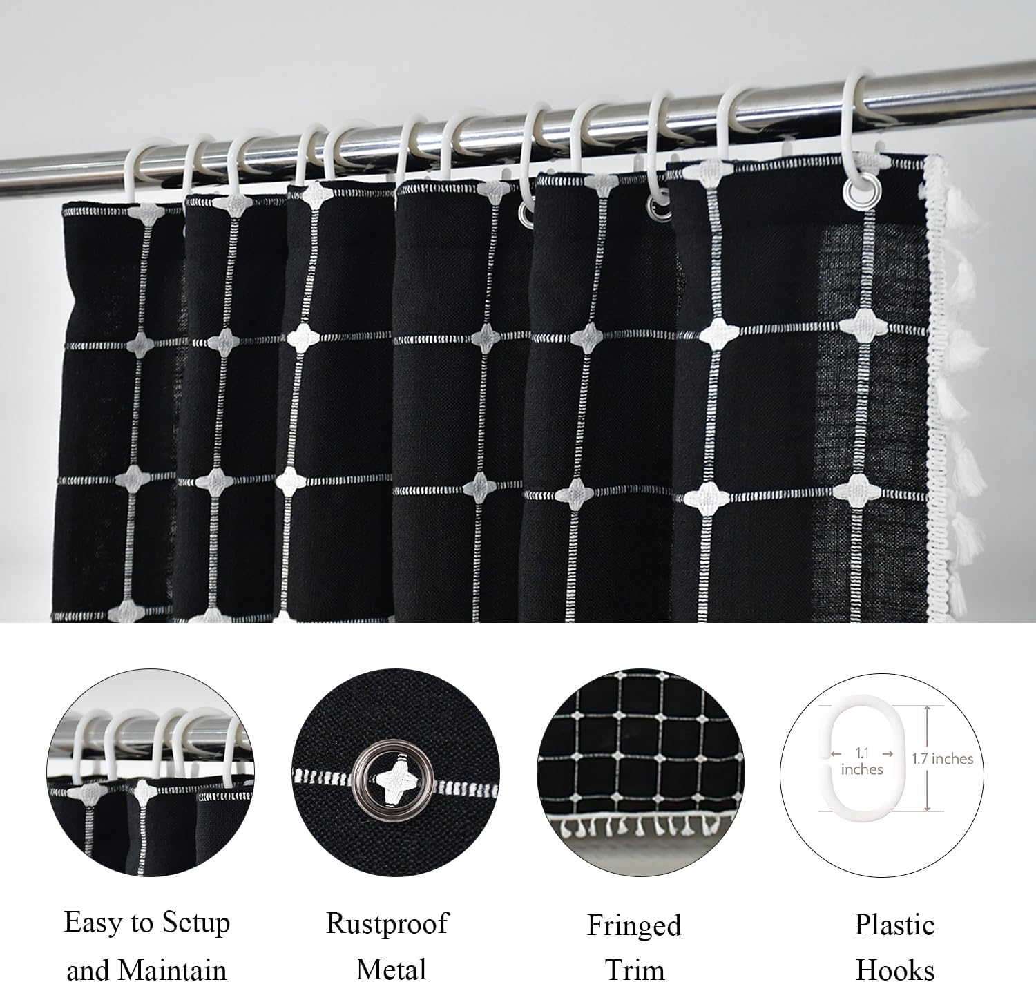 Black Stripe Farmhouse Cloth Shower Curtain Boho Gingham Patchwork Fabric Bathroom Curtain Rustic Chic Heavy Duty Bath Curtain Set with Tassel - Bohemian Shower Curtain with Hooks 36x71 Inch